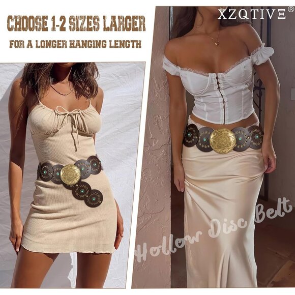 Woman's Western PU Leather Belt Concho Disc Wide Waist Belt Coffee Bronze Buckle - Picture 4 of 6